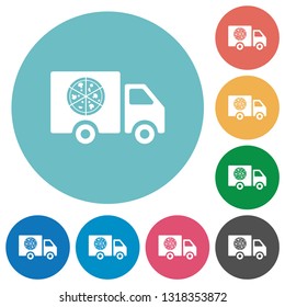 Pizza delivery truck flat white icons on round color backgrounds