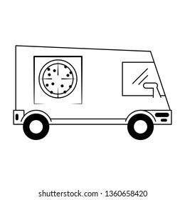 Pizza delivery truck vehicle in black and white