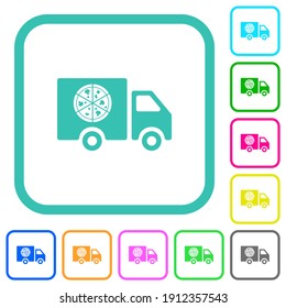 Pizza delivery truck vivid colored flat icons in curved borders on white background