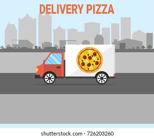Pizza delivery van. Vector illustration.