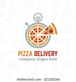 Pizza delivery vector company logo template with sample text, pizza inside the stopwatch symbolizing fast delivery