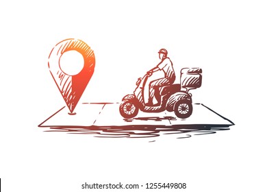 Pizza delivery vector concept. Delivery man going by bike to point on map. Hand drawn sketch isolated illustration