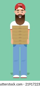 Pizza delivery, vector illustration. Cartoon illustration in flat design. The delivery service employee brought many boxes of pizza in his hands.