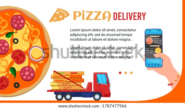 Pizza delivery vector illustration. Cartoon flat\
mobile app banner with human hand holding smartphone for fastfood\
order in pizzeria, courier truck delivering pizza boxes, online\
food express service