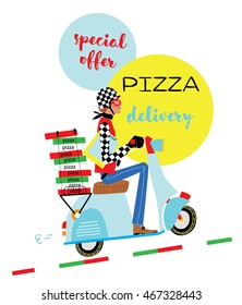 Pizza delivery. vector illustration. Man driving a vespa scooter to delive pizza. 