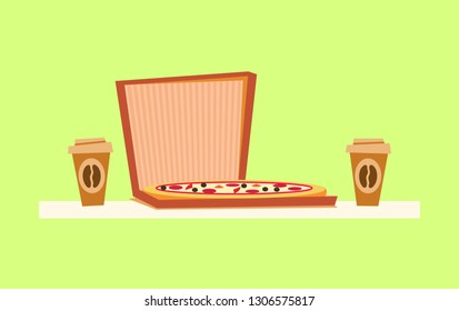 Pizza delivery vector, Italian food in container, coffee drink in plastic cup. Snack in paper box, crust meal with cheese and salami, traditional dish of Italy