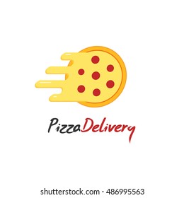 Pizza delivery vector logo isolated on white background, flat cartoon pizza moving fast with cheese flow, creative brand design