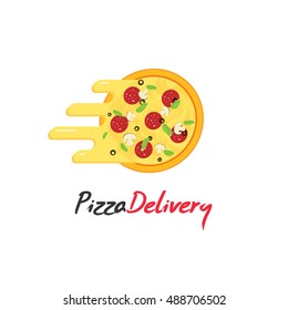 Pizza delivery vector logo isolated on white background, pizza with flowing cheese, creative brand design, flat cartoon logotype design