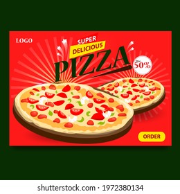 Pizza delivery. Vector template of pizza on red. Food advertising 