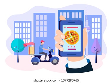 Pizza delivery via mobile application, the customer's hand holds the mobile phone with pizza on the screen, the courier delivers the pizza around the city. Vector illustration.