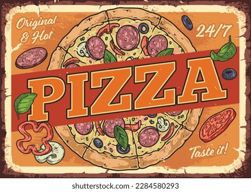 Pizza delivery vintage flyer colorful with tasty margarita or pepperoni from popular Italian pizzeria or taverns vector illustration