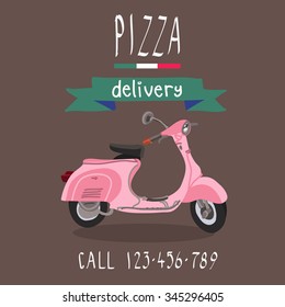 Pizza delivery. Vintage pink scooter. Italy style.Vector illustration