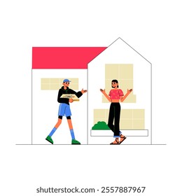 Pizza Delivery Worker Handing Pizza Box To Female Customer Outside Residential House In Flat Vector Illustration Symbolizing Food Delivery, Convenience, And Urban Dining, Isolated On White