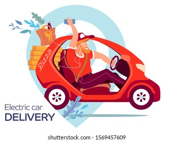 Pizza delivery. Young man on a electric car delivers pizza to order. Fast food delivery service. Flat vector illustration