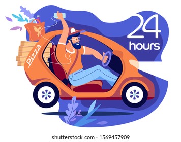 Pizza Delivery. Young Man On A Electric Car Delivers Pizza To Order 24 Hours At Night. Fast Food Delivery Service. Flat Vector Illustration