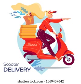 Pizza delivery. Young woman on a scooter delivers pizza to order. Fast food delivery service. Flat vector illustration