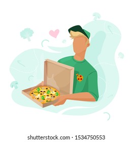 Pizza delivery to your home. The guy brought pizza and vegetables to the house. An open package with a round pizza. 