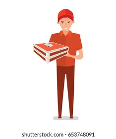 The pizza deliveryman in beautiful branded clothes, decorates, accepts and distributes orders in the form of pizza. Vector illustration isolated on white background in cartoon style.