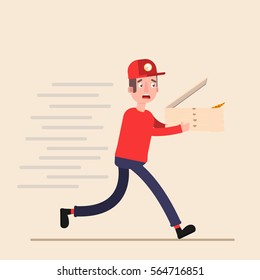 pizza deliveryman carries runs to make it in time to bring order.Flat. Vector.