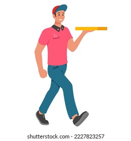 Pizza deliveryman carrying squared cardboard box isometric vector illustration. Fast food courier going with order for customer online shopping shipment. Groceries delivery job professional occupation