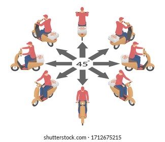 Pizza deliveryman in different angles in isometric. Rotation of the moped with deliveryman by 45 degrees. 