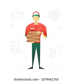 Pizza deliveryman flat character design. Delivery service. Vector isolated illustration