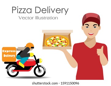 Pizza deliveryman holding pizza box, his team is on motorbike. Vector Illustration. Isolated on white background.Idea for online food delivery service and people lifestyle.