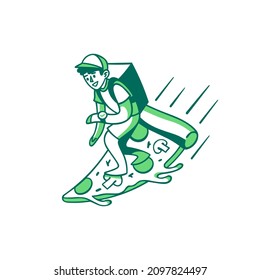 Pizza Deliveryman — illustration on the fast pizza delivery. Depicts a food delivery man riding a slice of pizza (like a surfboard).