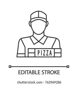Pizza deliveryman linear icon. Delivery service. Thin line illustration. Contour symbol. Vector isolated outline drawing. Editable stroke