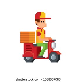 Pizza deliveryman on a scooter. 
Pixel art. Old school computer graphic style. Game assets.