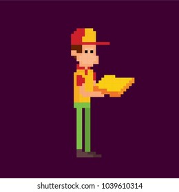 Pizza deliveryman. Pixel art. Old school computer graphic style. Game assets.