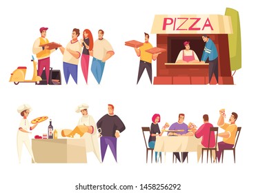 Pizza design concept with pizza delivery pizza store and family at the dinner table descriptions vector illustration