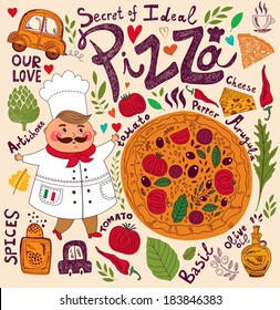 Pizza design menu with chef