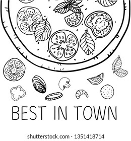 Pizza design template. Black sketch vector illustration.  Food ingredient in retro style. 