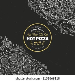 Pizza design template. Hand drawn vector fast food illustration on chalk board. Sketch style retro Italian pizza background.