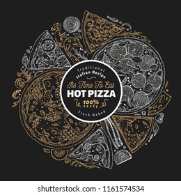 Pizza design template. Hand drawn vector fast food illustration on chalk board. Sketch style vintage Italian pizza background.