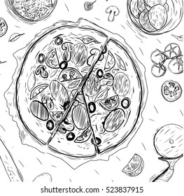 Pizza design template. Handwritten sketch. Vector illustration. Black ear, on isolated background. Gluten food ingredient engraving retro style.