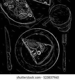 Pizza design template. Handwritten sketch. Vector illustration. Black ear, on isolated background. Gluten food ingredient engraving retro style.