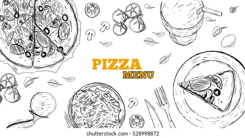 Pizza design template. Handwritten sketch. Vector illustration. Black ear, on isolated background. Gluten food ingredient engraving retro style.