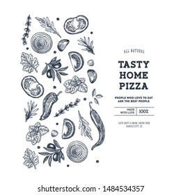 Pizza design template. Italian pizza ingredients. Vector illustration