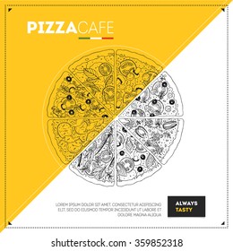 Modelo de design de pizza. Uma espécie de pizza. Ilustração vetorial