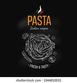 Pizza design template on chalkboard . Vector hand drawn illustration. Sketch style