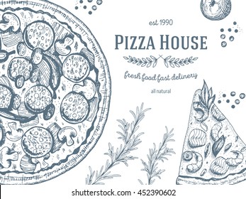 Pizza design template. Vector illustration drawn in ink. Vintage design for pizzeria 