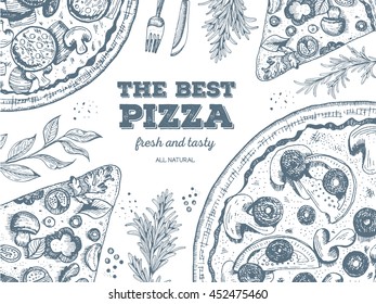 Pizza design template. Vector illustration drawn in ink. Vintage design for pizzeria 
