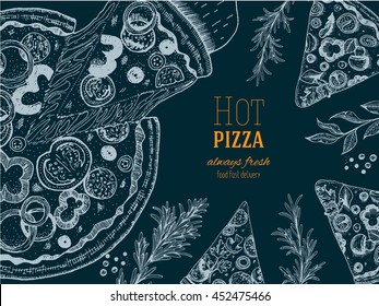 Pizza design template. Vector illustration drawn in ink. Vintage design for pizzeria 