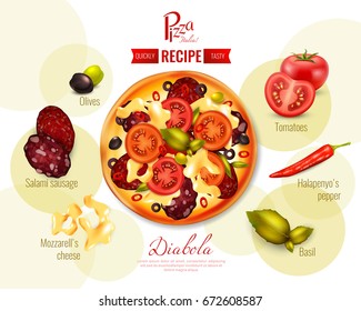 Pizza diabola recipe with tomatoes, pepper chili, olives, mozzarella, sausage, basil on background with circles vector illustration