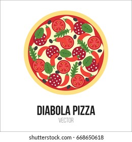 Pizza Diabola with Tomato, Chili Pepper, Salami Sausage, Black Olive, Oregano and Arugula Vector Isolate Element