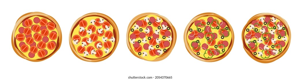 Pizza with different delicious filling ingredients set top view for pizzeria menu. Vector isolated illustration