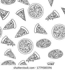 Pizza in different design seamless pattern hand drawn sketch. Doodles Food background stock vector illustration. 