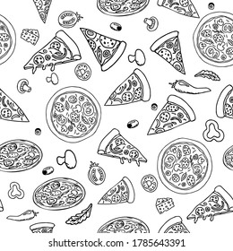 Pizza in different design seamless pattern hand drawn sketch. Doodles Food background stock vector illustration. 